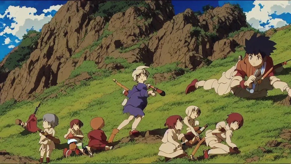 Image similar to pied piper luring children up a hill by playing his pipe, anime film still from the an anime directed by katsuhiro otomo with art direction by salvador dali, wide lens