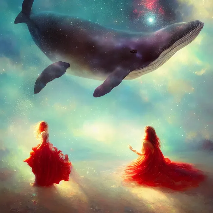 Image similar to glimmering whale, young girl in red dress, cosmos, milky way galaxy, golden hour, god rays, coral reef, dreamscape by artgerm and ruan jia and ismail inceoglu and greg olsen, masterpiece, beautiful, intricate, elegant, highly detailed