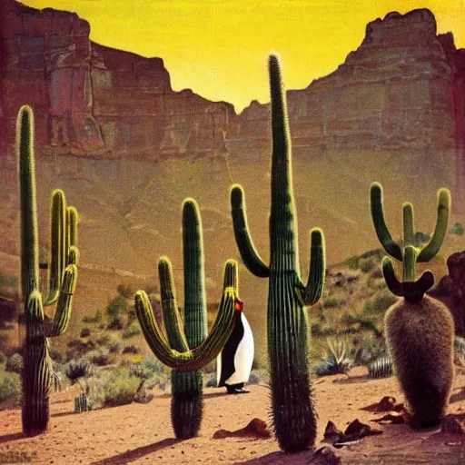 Prompt: “king penguins in the desert, Grand Canyon, New Mexico, saguaro cactuses, Norman Rockwell, mark maggiori, Salvador Dali”