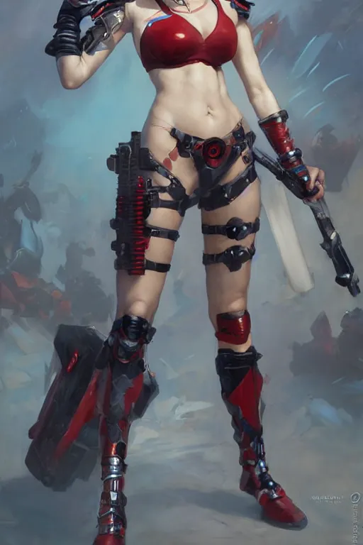 Image similar to Harley Quinn in bikini armor, dc comics, cyberpunk, Warhammer 40000, digital art from artstation by Ruan Jia and Mandy Jurgens and Artgerm and william-adolphe bouguereau