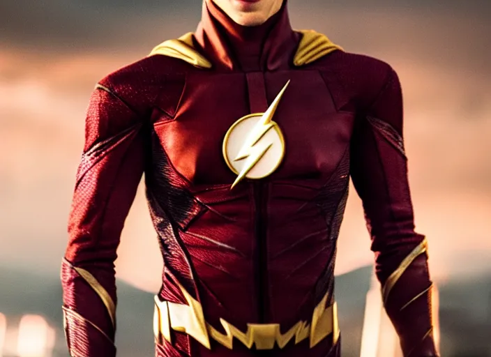 Prompt: film still of grant gustin as the flash in the new justice league movie, 4 k