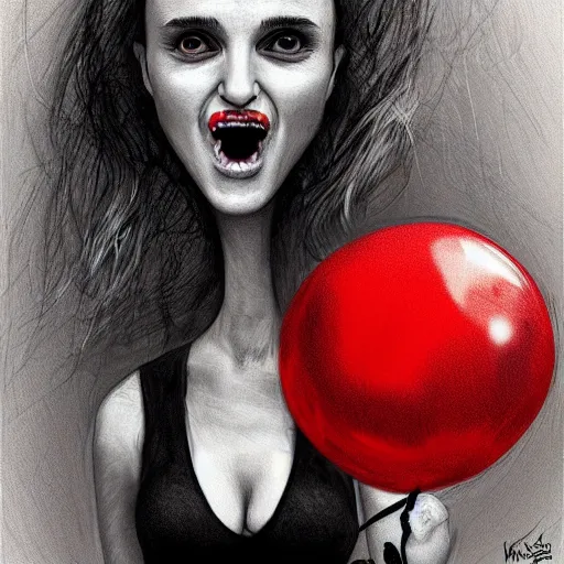 Image similar to surrealism grunge cartoon portrait sketch of natalie portman with a wide smile and a red balloon by - michael karcz, loony toons style, freddy krueger style, horror theme, detailed, elegant, intricate