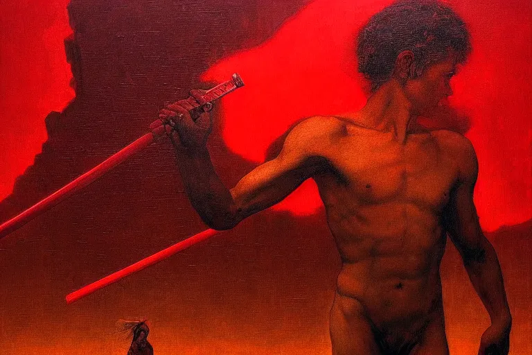 Image similar to only with red, a red melted apollo with a laurel wreath and a flaming sword announce the win, athens in the background, pathos, in the style of beksinski, part by hopper, part by rodcenko, part by hofbauer, intricate composition, red by caravaggio, insanely quality, highly detailed, masterpiece, red light, artstation, 4 k