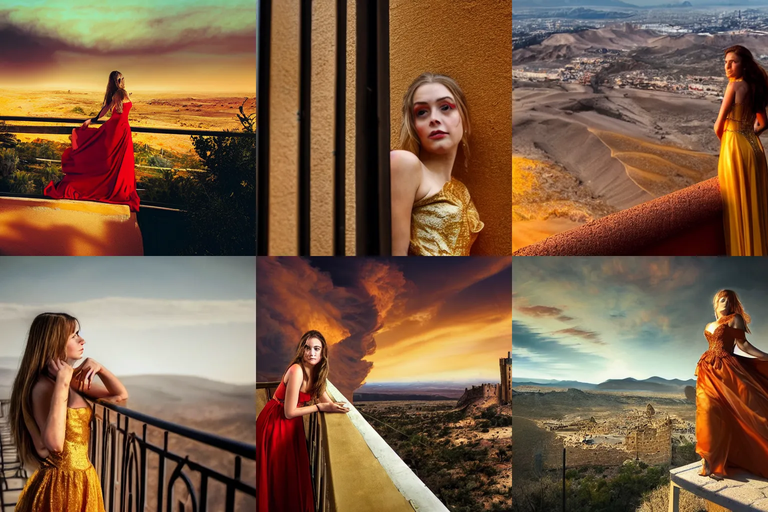 Prompt: a princess in an amber-gold dress leaning on the rail of a balcony overlooking a desert city and a castle of magma on a cliffside under a red and smoky sky, today's featured fantasy photograph 4k,