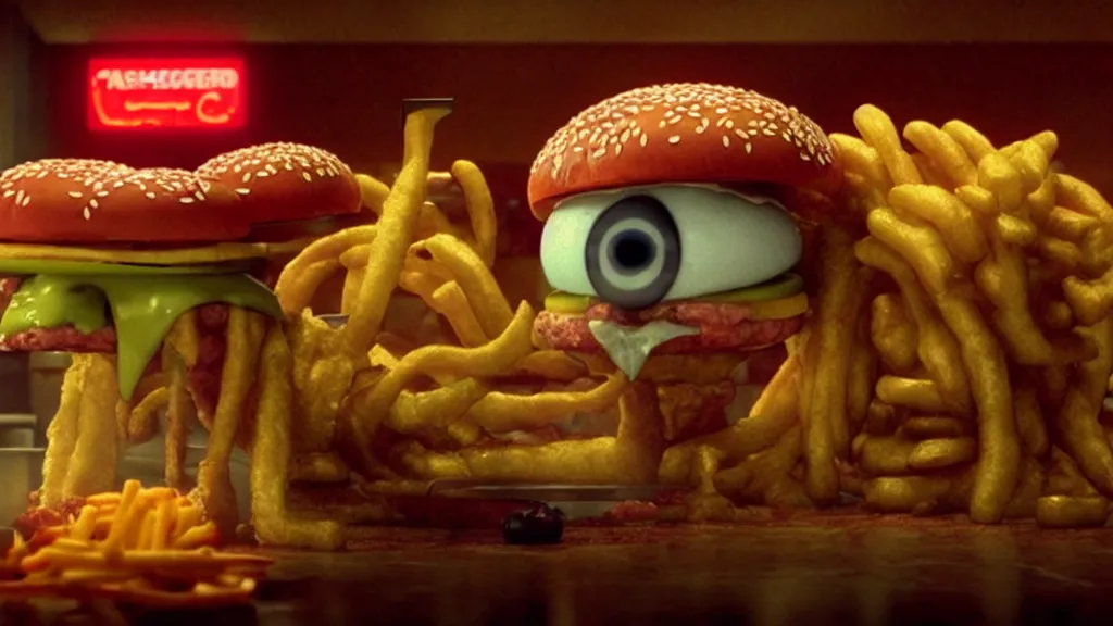 Prompt: the strange cheeseburger creature at the fast food place, film still from the movie directed by denis villeneuve and david cronenberg with art direction by salvador dali and zdzisław beksinski, pixar, wide lens