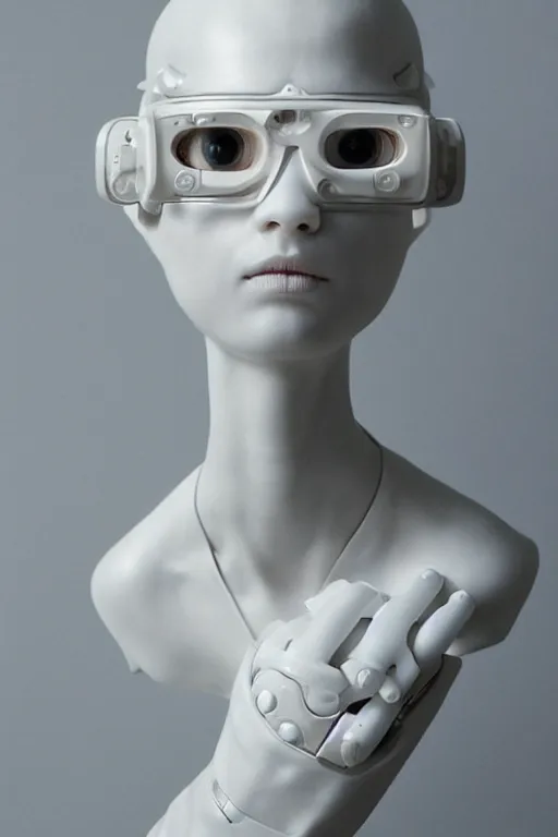 Image similar to full head and shoulders, beautiful female porcelain sculpture with lots of white 3 d cyborg elements, prosthetics, 3 d goggles, smooth, all white features on a white background, delicate facial features, white eyes, white lashes, detailed white, anatomical, transparency by daniel arsham and james jean