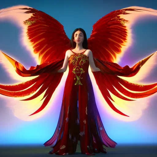 Image similar to a beautiful orchid phoenix angel woman, in an ornamented dress with large wings, photorealism, octane, unreal engine, volumetric light, god rays, 8 k high resolution, rubies