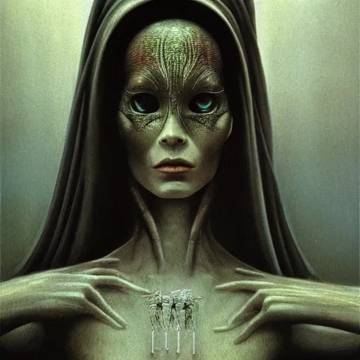 Prompt: sci - fi portrait of bene gesserit order sister by hans giger and beksinski, ornate, intricate, symbolism, hyperealistic, photoreal, 8 k resolution