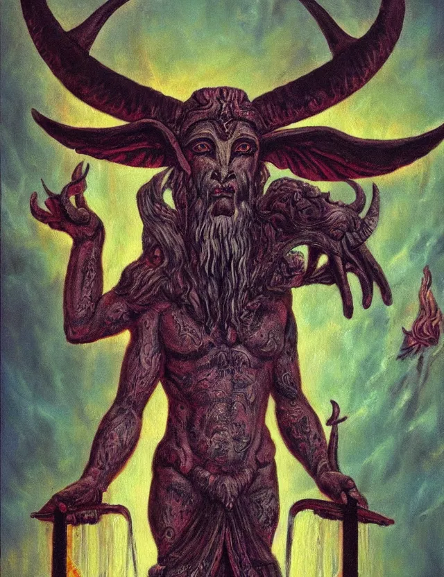 Image similar to the ancient god Baphomet, horned god of wisdom gnostic mystery religion, oil painting (beautiful) by Brom, chromatic aberration strange colors