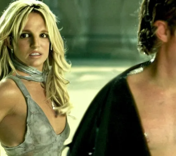 Image similar to a movie still of britney spears as a chained up prisoner in the movie star wars