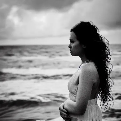 Prompt: A beautiful woman. beautiful face. melancholic. sad. in the middle of the ocean. detailed. photorealism. granular photography. tumultuous sea. cloudy. long wavy hair. long wavy white dress. black and white. 24mm lens. shutter speed 4/1. iso 100. f/2.8 W-1024