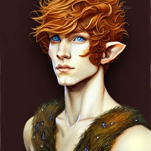 Image similar to portrait painting of an elven young man with short ginger hair and tree tattoos on his cheeks wearing fur armor, sharp focus, award - winning, trending on artstation, masterpiece, highly detailed, intricate. art by rebecca guay