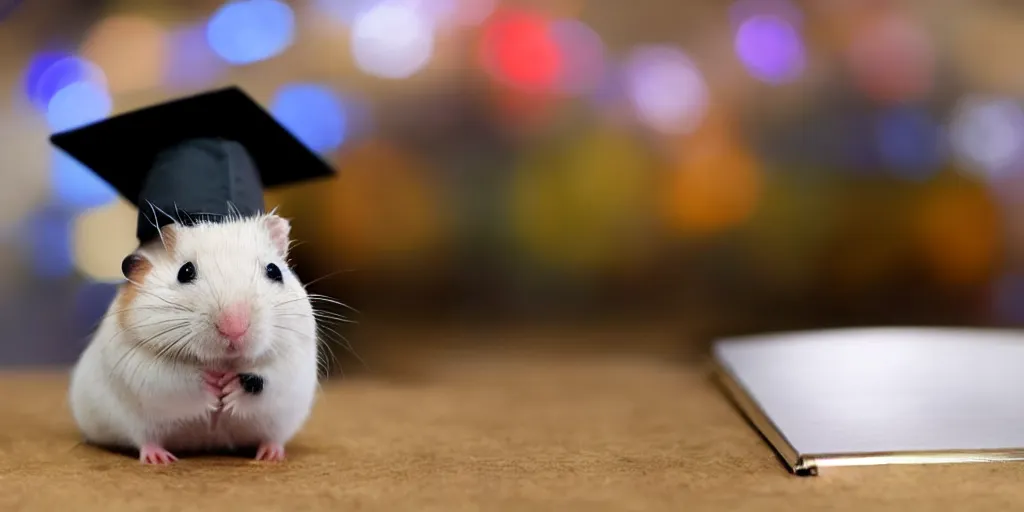 Prompt: An award-winning photo of a hamster in a graduate hat doing a speech from a speech tribune , volumetric lights, university, cinematic, 8K, award-winning photo, perfect moment