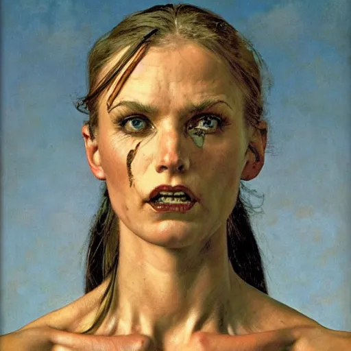 Prompt: frontal portrait of muscular roaring female warrior, by Norman Rockwell and Gerald Brom