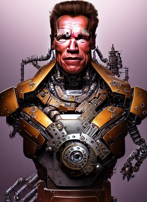 Prompt: portrait of 1 9 9 9 arnold schwarzenegger, robot steampunk, floral! horizon zero dawn machine, intricate, elegant, highly detailed, ray tracing, digital painting, artstation, concept art, smooth, sharp focus, illustration, art by artgerm and greg rutkowski and alphonse mucha, 8 k