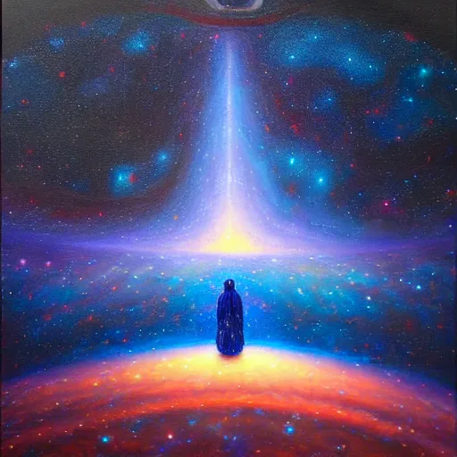 Image similar to small figure looking up at a giant figure, facing the darkness galactic nebular astral realm sacred journey in oil painting, trending on artstation, award winning, emotional, highly detailed surrealist art