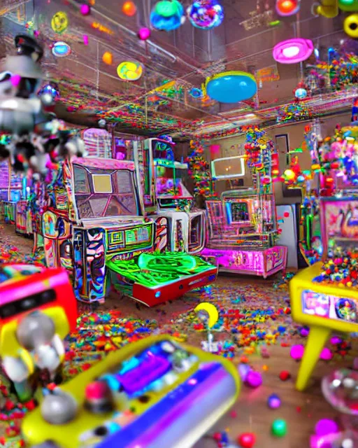 Image similar to crowded city made of arcade machines and buildings made of candy, cute elaborate epic robot, candy colors, pinball machine parts, symmetrical, bubbles everywhere, video game consoles, colored wires, translucent, clear parts, detailed by pokedstudio, rendered in blender, 3 d models