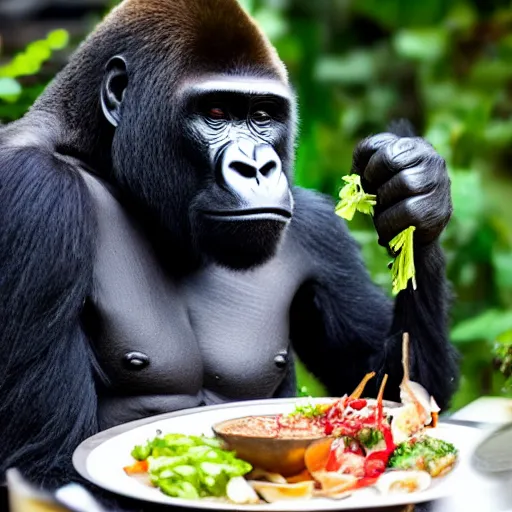 Prompt: gorilla at a fancy 5 star restaurant, eating an entire meal at his seat, 8k