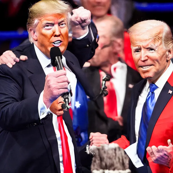 Image similar to donald trump in a boxing match with joe biden, high quality photo