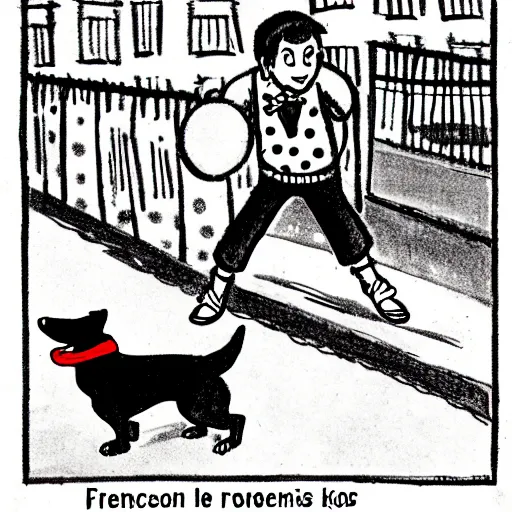 Image similar to illustration of french boy on the streets of paris playing football against a corgi, the dog is wearing a polka dot scarf, comic, 1 9 7 2