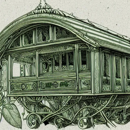 Image similar to annotated highly, detailed and intricate, sketch of a carriage cabin full of green plants, marker concept art style rendering, concept art, half blueprint, trending on artstation, intricate details, center frame, annotations