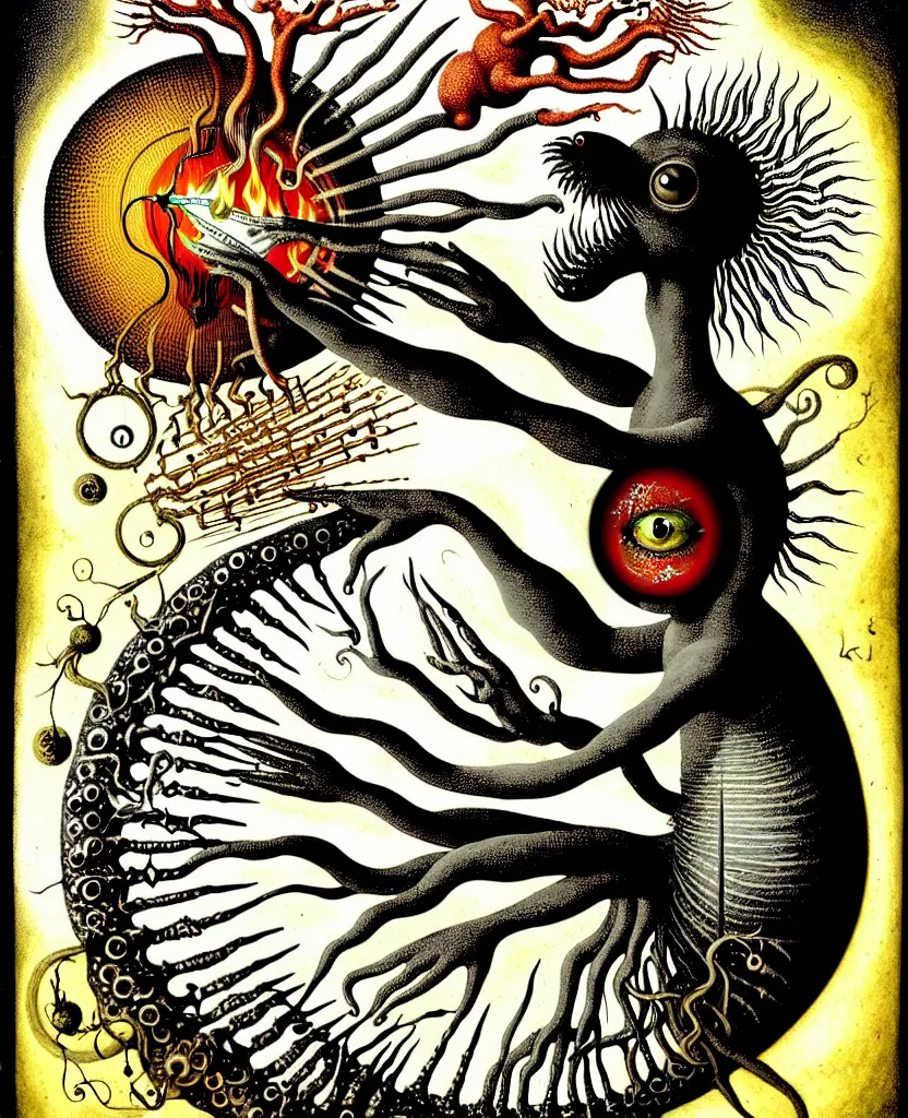 Image similar to whimsical freaky creature sings a unique canto about'as above so below'being ignited by the spirit of haeckel and robert fludd, breakthrough is iminent, glory be to the magic within, painted by ronny khalil