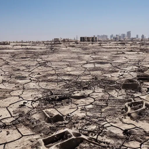 Prompt: apocalyptic beachside city, dried up oceans, desert everywhere, buildings covered in black tar