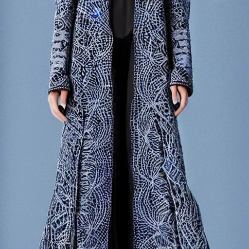Image similar to fashion 2 0 5 0 fantastic openwork long coat with intricate pattern on a beautiful symmetrical girl with blue hair, hyper realistic photos