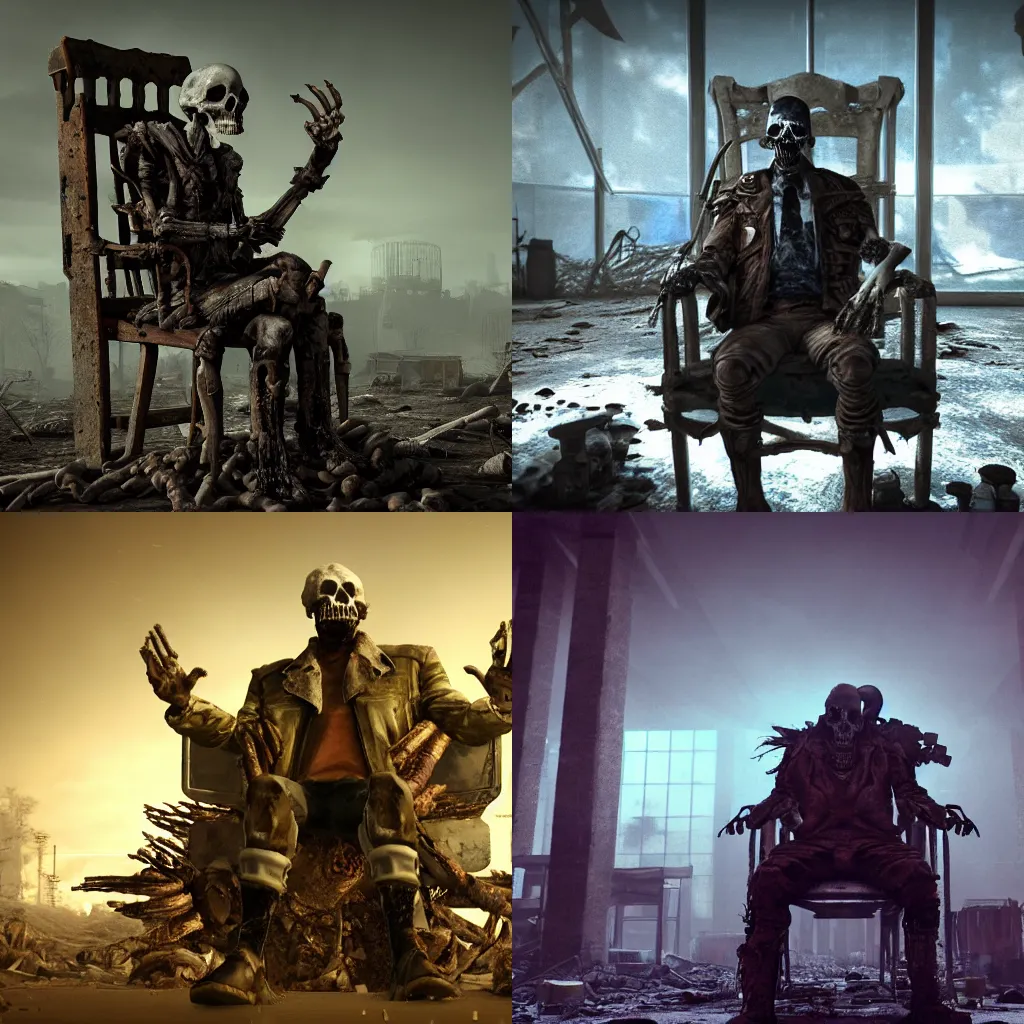 Prompt: postapocalyptic dictator drapen in bones sitting on a chair from skulls in a dark postapocalyptic world, dramatic lighting, unreal engine, octane render,