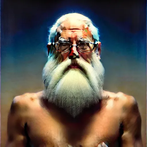 Prompt: cinematic portrait of a man in metaverse and cyberspace, only head and chest, white hair and white beard, intricate, desaturated, Tim Hildebrandt, Wayne Barlowe, Bruce Pennington, donato giancola, larry elmore, maxfield parrish, Moebius, Thomas Ehretsmann, oil on canvas, gouache painting, masterpiece, trending on artstation, cinematic composition, dramatic pose, volumetric lighting, sharp, details, hyper-detailed, HD, 4K, 8K