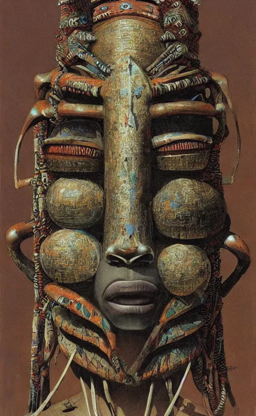 Prompt: portrait of african tribal chief wearing mecha head gear, symmetrical, dramatic lighting, art by zdzislaw beksinski,