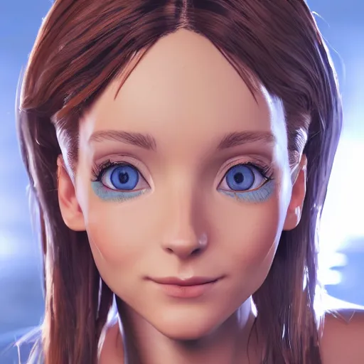 Image similar to a brown haired blue eyes beautiful girl smiling in character design. gesture drawing. line of action. official art, unreal engine 5, unreal engine. medium shot. ray tracing hdr. 8 k. uhd. sharp focus. highly detailed. masterpiece. golden ratio. anime render. cinematic lighting. lifelike. symmetrical face. beautiful face