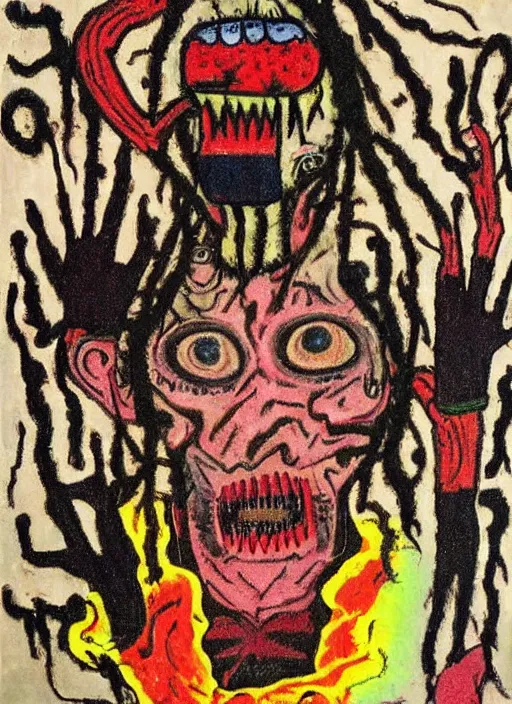 Prompt: a horror portrait of art brut by a psycho man with dreadlocks, full color outsider crazy marginal art