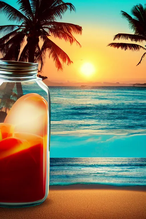 Prompt: photograph of a tropical island! entirely inside a glass jar, standing in sand on a beach. palm trees in the jar. waves in the jar. an island in the jar. quiet sunset in the background. soft golden red lighting. hyperrealistic, cgsociety, 8 k