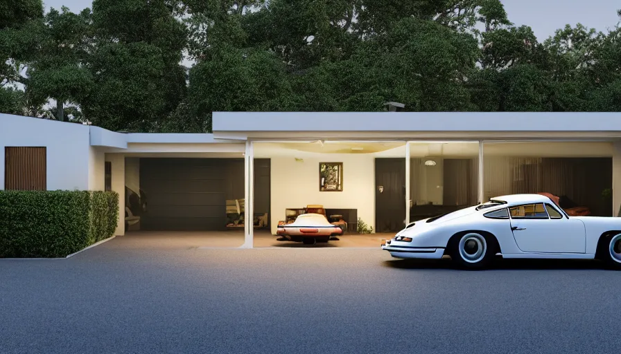 Prompt: EICHLER home, 1950s, by Asher Durand. driveway, PORSCHE 911, intricate artwork, octane render, cinematic, hyper realism, golden hour, octane render, 8k, depth of field, bokeh. iridescent accents, vibrant.-H 704