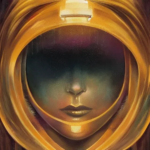 Image similar to detailed face of a woman, lush, opulent, enclosed, utopian, tech noir, wet reflections, prism, atmospheric, ambient, pj crook, syd mead, livia prima, artgerm, greg rutkowski, nick alm, casey baugh