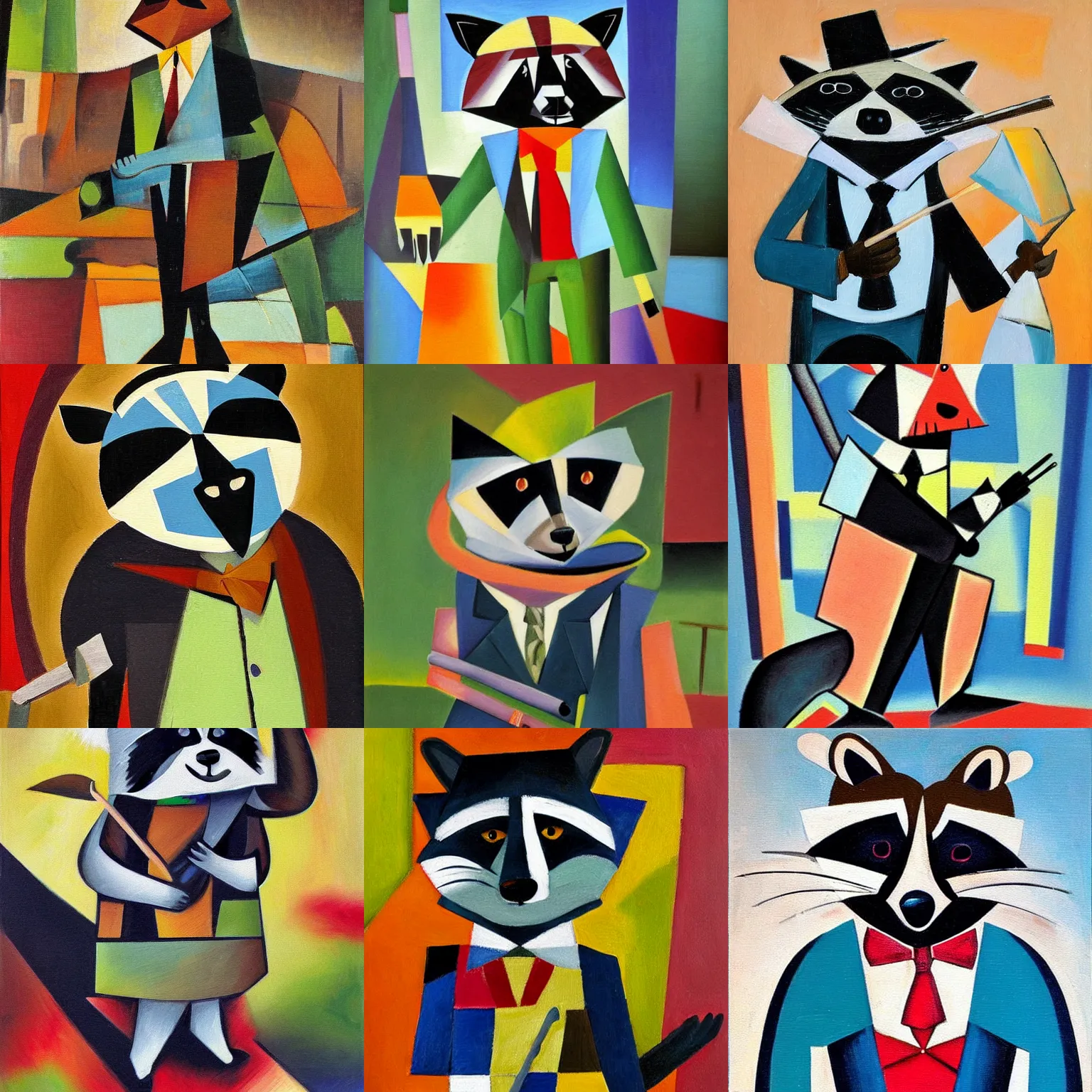 Prompt: A raccoon wearing formal clothes, wearing a tophap and holding a cane. The raccoon is holding a garbage bag. Oil painting in the style abstract cubism