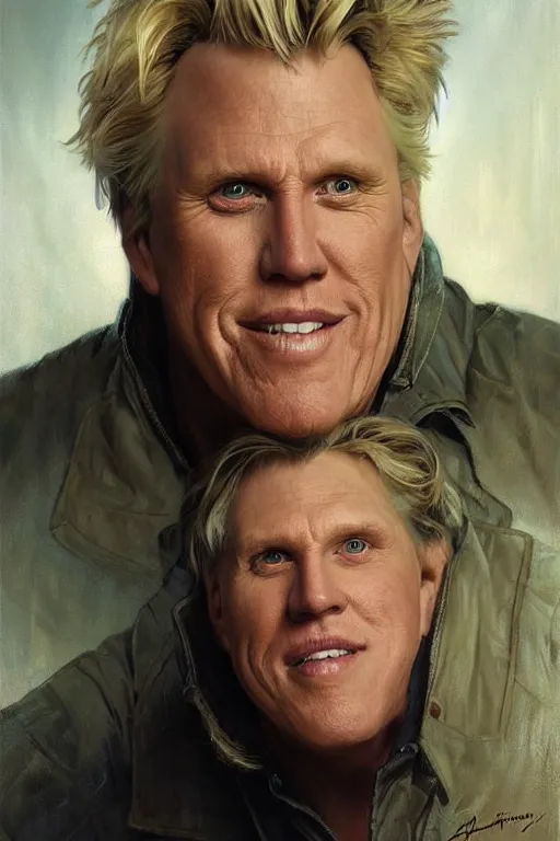 Image similar to Gary Busey portrait, fantasy, by Stanley Artgerm Lau, greg rutkowski, thomas kindkade, alphonse mucha, loish, norman Rockwell