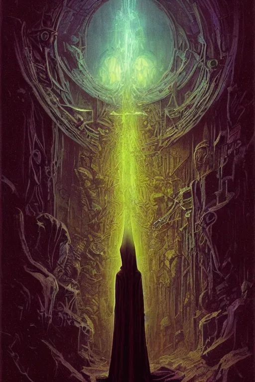 Prompt: hooded necromancer by marc simonetti and mike mignola and beksinski and giger and alton kelley, rising from the void, dark neon retrowave, purple, golden and mysterious, stopped in time, atmospheric, ominous, eerie, cinematic, epic, 8 k, 4 k, ultra detail, ultra realistic, rendered by awesomeness