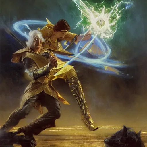 Prompt: stunning male master wizard fighting another wizard who has dark spell, highly detailed painting by gaston bussiere, craig mullins, j. c. leyendecker, 8 k