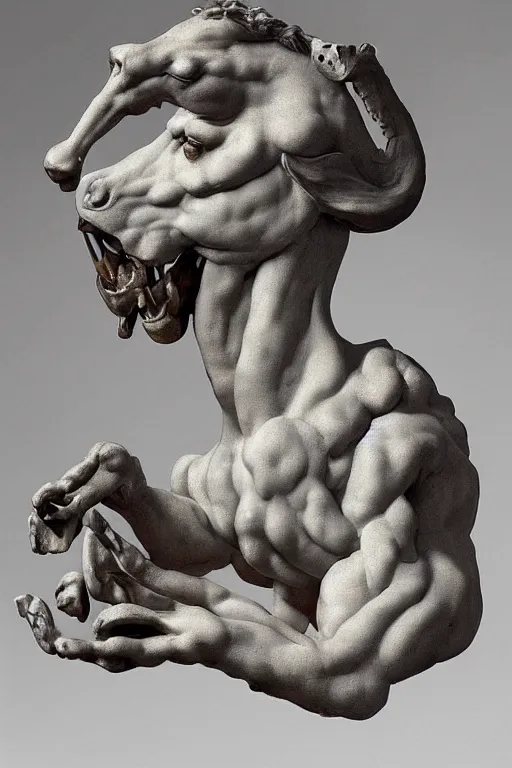 Prompt: a high detailed sculpture of a horse, rearing dramatically made out of raw hamburger, by michelangelo