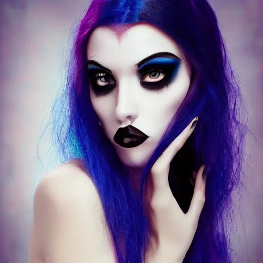 Prompt: goth mermaid pretty face with long lens
