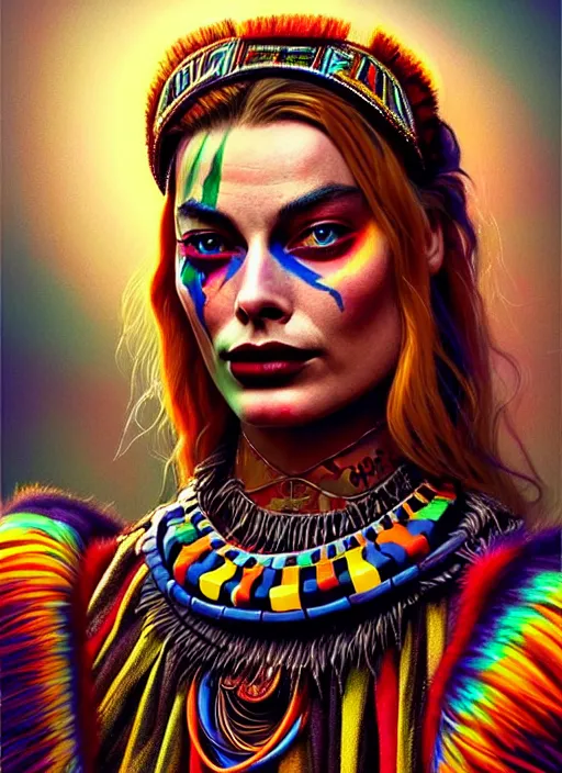 Image similar to portrait of margot robbie, hyper detailed ultra sharp aztec shaman warrior. trending on artstation, warpaint aesthetic, bloodwave, colorful, psychedelic, ornate, intricate, digital painting, concept art, smooth, sharp focus, illustration, art by artgerm and greg rutkowski and h. r. giger, 8 k