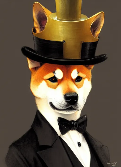 Prompt: portrait of a shiba inu as a gentleman, top hat, intricate, headshot, highly detailed, digital painting, artstation, concept art, sharp focus, cinematic lighting, illustration, art by artgerm and greg rutkowski, alphonse mucha, cgsociety