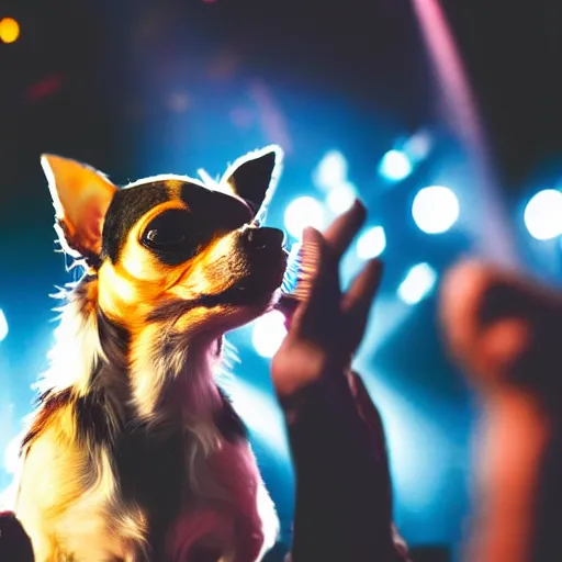 Prompt: a chihuahua performing on stage at a hip hop concert. Dancing out of focus crowd. Cyber stage design. Photograph for a magazine.