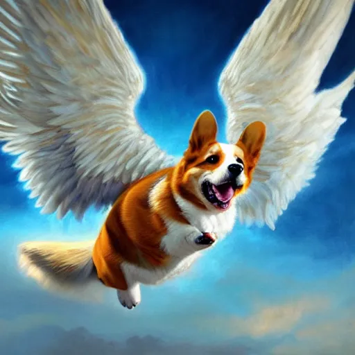 Prompt: an corgi with wings flying with birds, oil on canvas, portrait, intricate, 8k highly professionally detailed, HDR, CGsociety