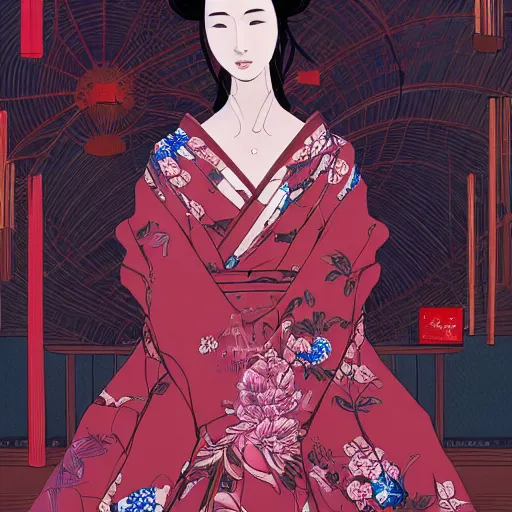 Image similar to the portrait of an unbelievably beautiful, elegant, sensual, and sophisticated young japanese geisha, an ultrafine detailed illustration by james jean, intricate linework, bright colors, final fantasy, behance contest winner, vanitas, angular, altermodern, unreal engine 5 highly rendered, global illumination, radiant light, detailed and intricate environment