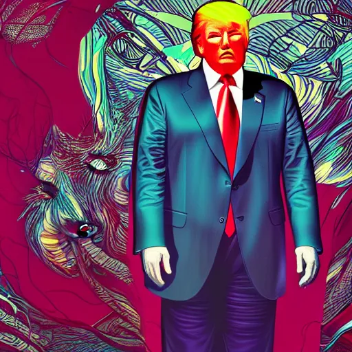 Image similar to the portrait donald trump with laser eyes, an ultrafine detailed illustration by james jean, final fantasy, intricate linework, bright colors, behance contest winner, vanitas, angular, altermodern, unreal engine 5 highly rendered, global illumination, radiant light, detailed and intricate environment