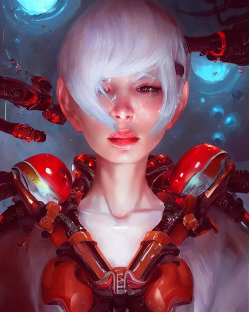 Image similar to cyborg girl with white hair and red clothes, alien hive, honey decorations, dreamy, beautiful illustration, scifi, radiant, atmosphere, harmony, top lighting, blue eyes, focused, perfect composition, artstation, highly detailed, art by yuhong ding and chengwei pan and serafleur and ina wong