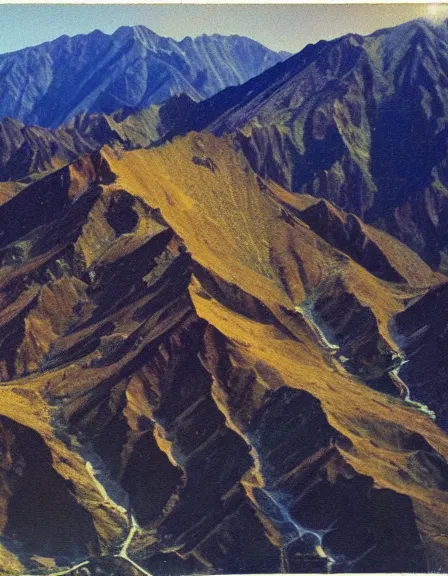 Image similar to vintage color photo of Cordillera De Los Andes covered in liquid gold reflecting light, 8k definition